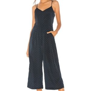 J.O.A. Lace Up Back Wide Leg Jumpsuit in Navy Dot Size M